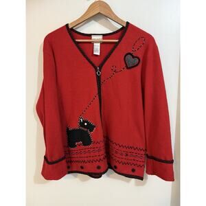 Vintage Full Zip Wool Sweater Womens Large VLV Rockabilly Pin Up Dog Heart Red